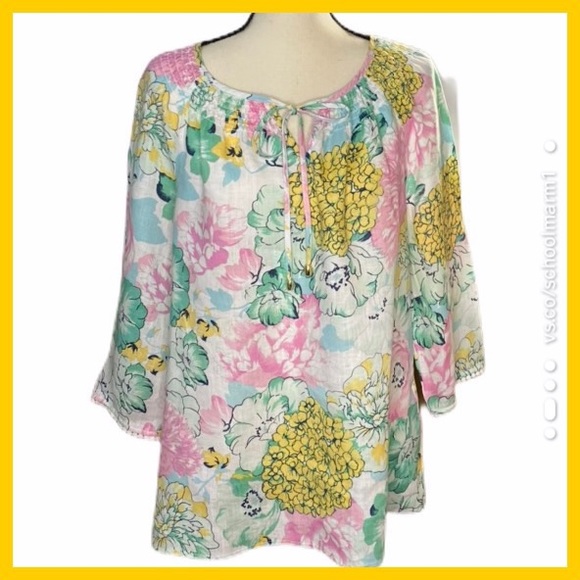 Linen Charter Club Luxury Flowered Peasant Blouse - Picture 8 of 8